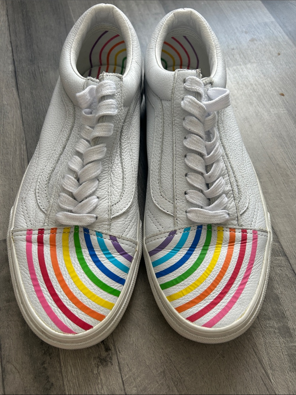 Vans White Leather Sneakers with Rainbow Toe Arcs